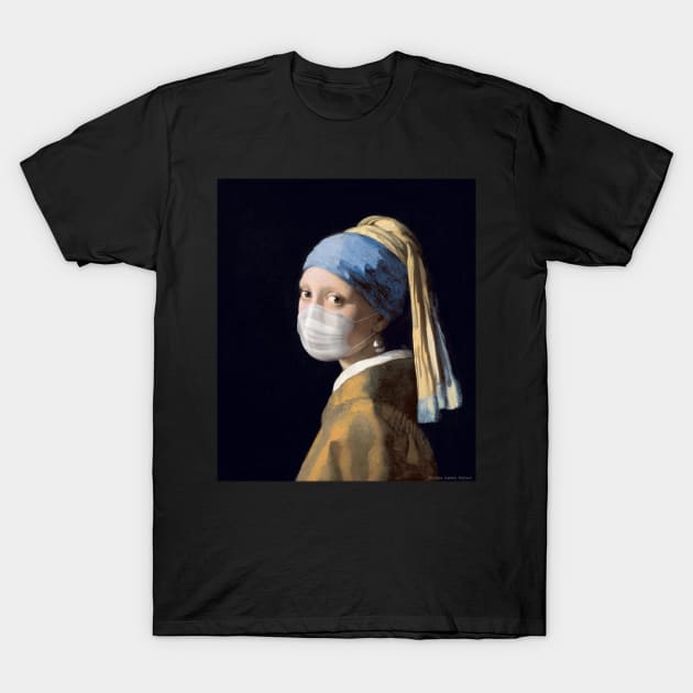 Famous Painting Girl with a Pearl Earring Wearing Mask T-Shirt by Dibble Dabble Designs